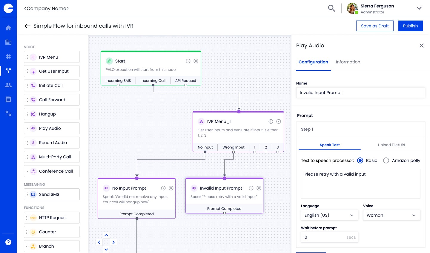 Contacto's drag-and-drop IVR workflow builder with voice routing nodes